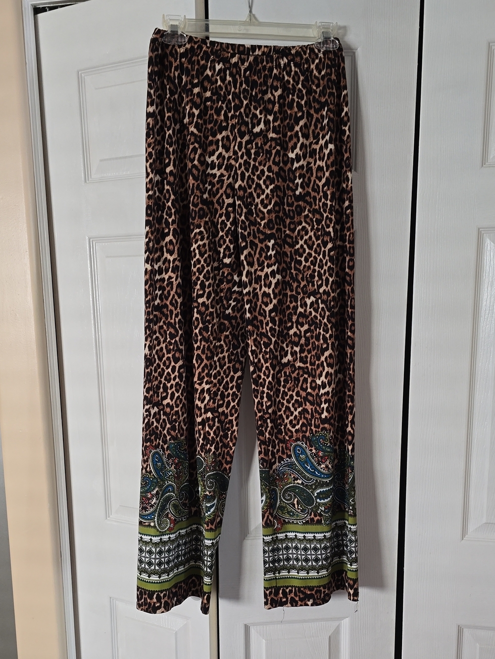 Melissa Paige Brown Leopard Print Wide-Leg Pants with Paisley Trim Medium